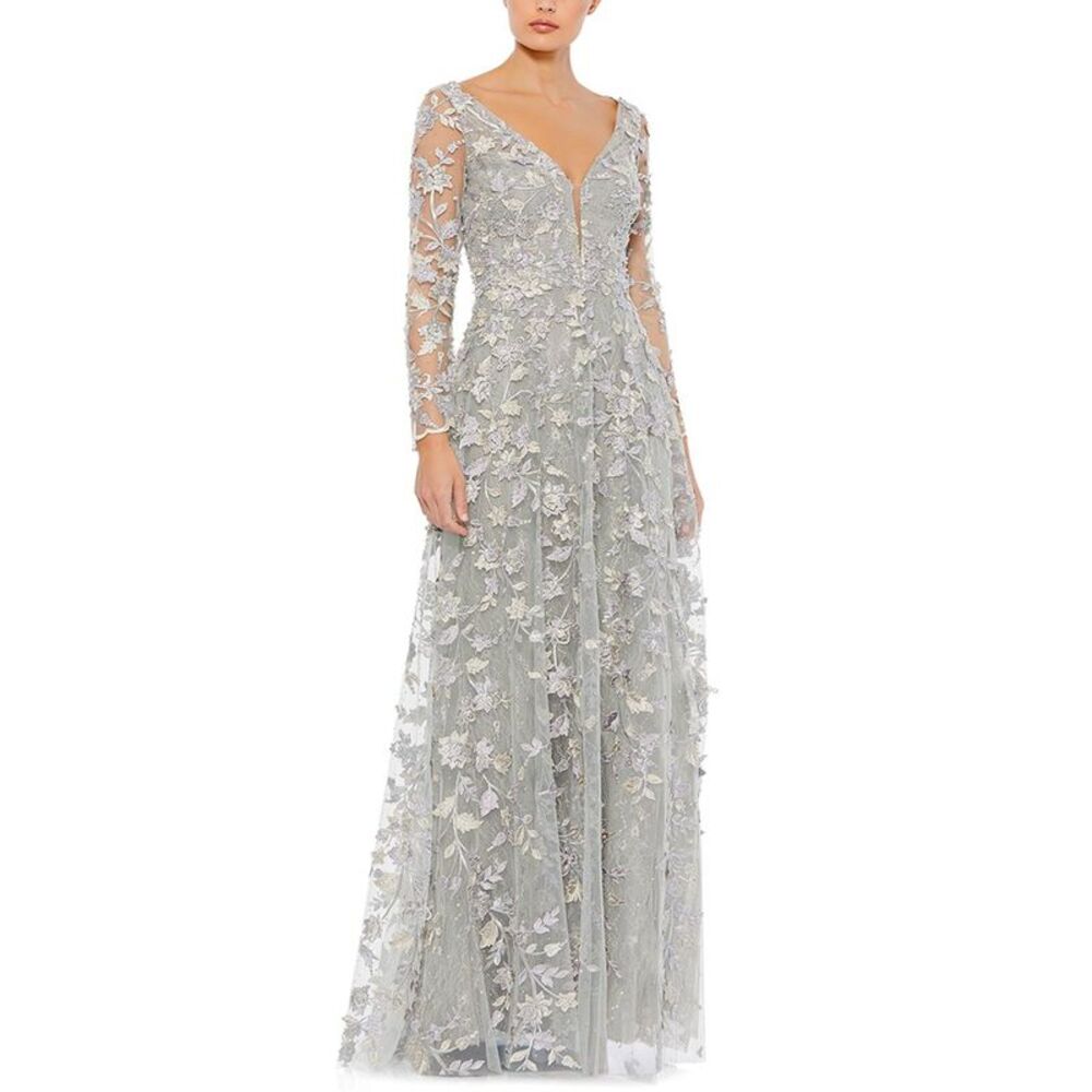 Mac Duggal Womens Floral Applique Long Sleeve Illusion Gown, Grey